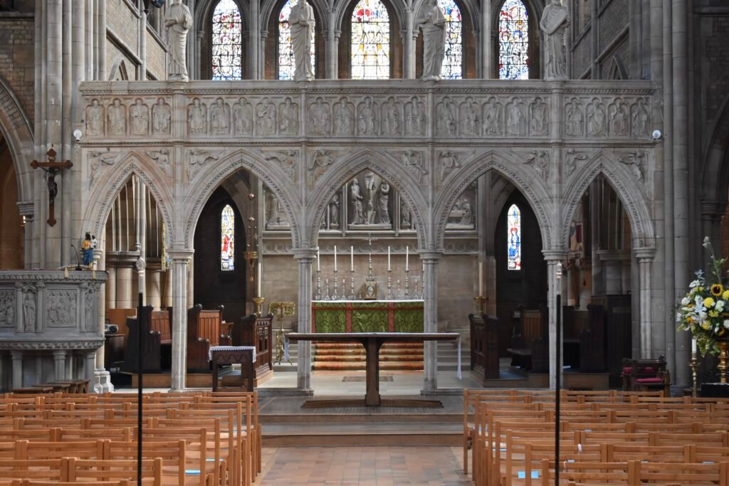 Interior of St John the Evangelist, Upper Norwood, looking east towards the chancel screen